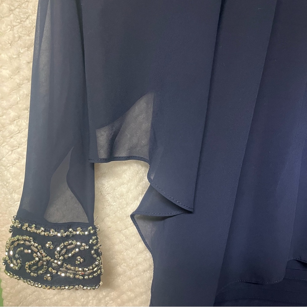 Betsy & Adam Navy Blue Cold Shoulder Popover Dress Embellished Cuffs Size 10 - Picture 9 of 12